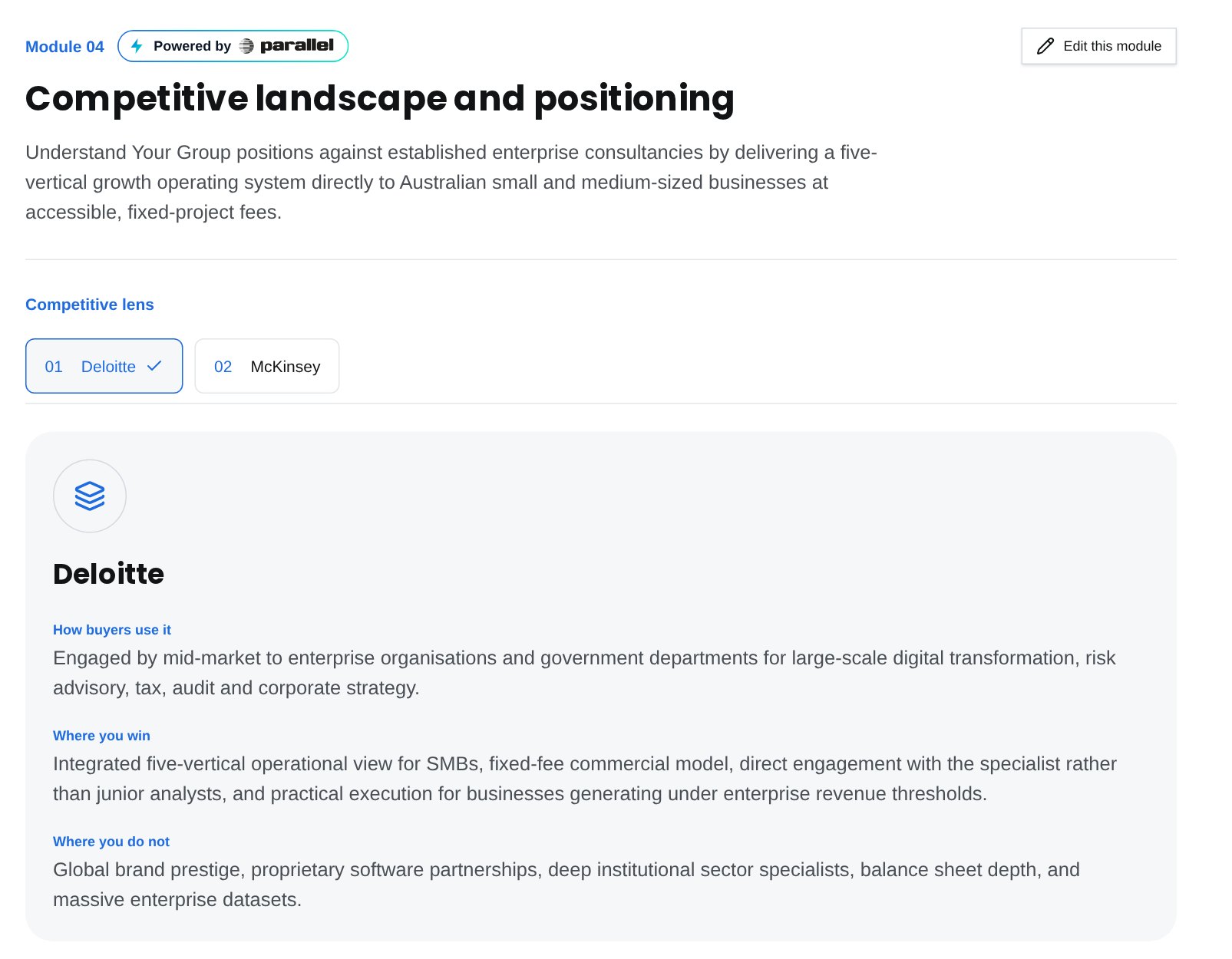 A competitive landscape module marked Powered by Parallel, comparing the business with named competitors