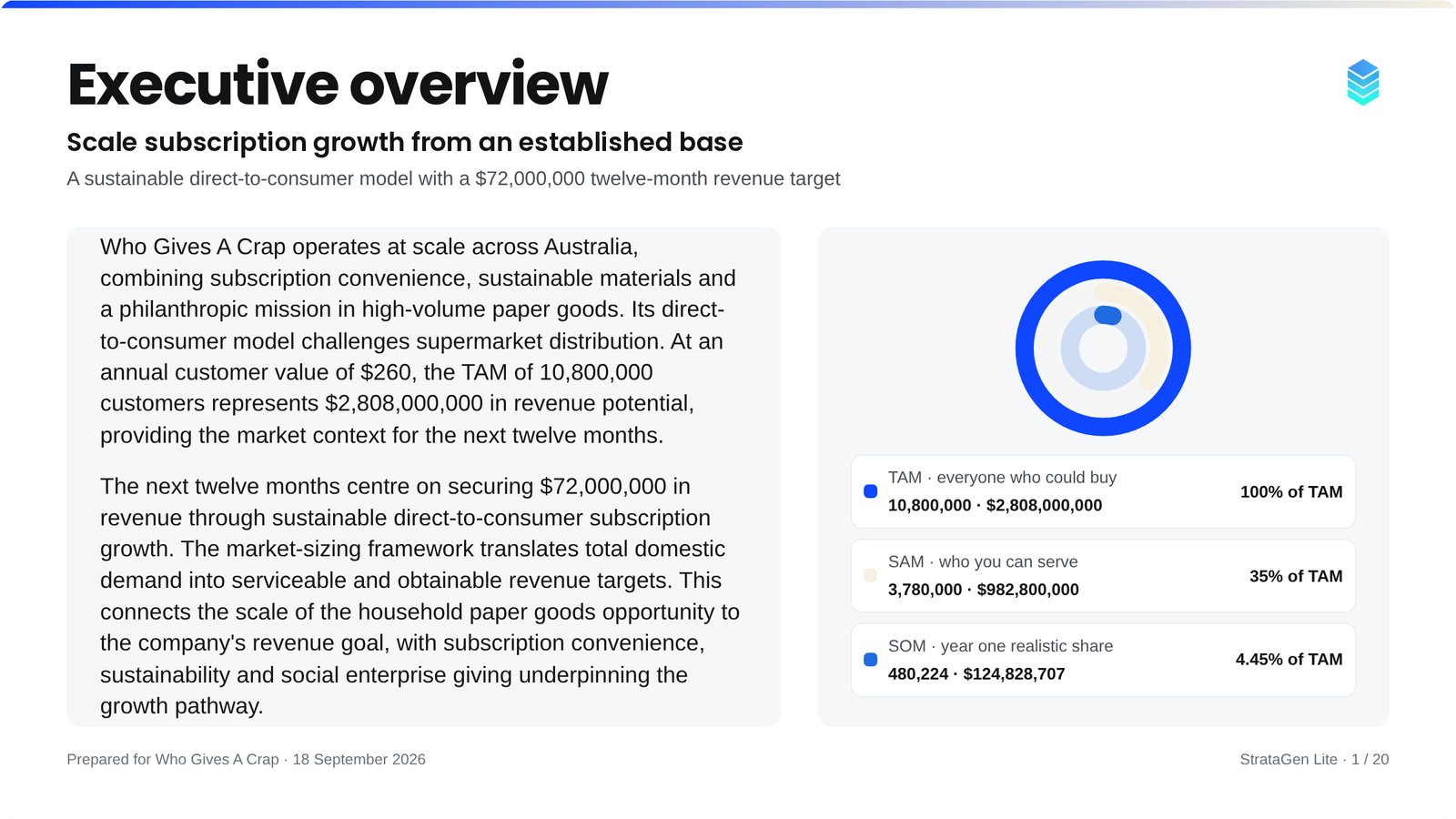 Example Executive overview page from a StrataGen Lite strategy